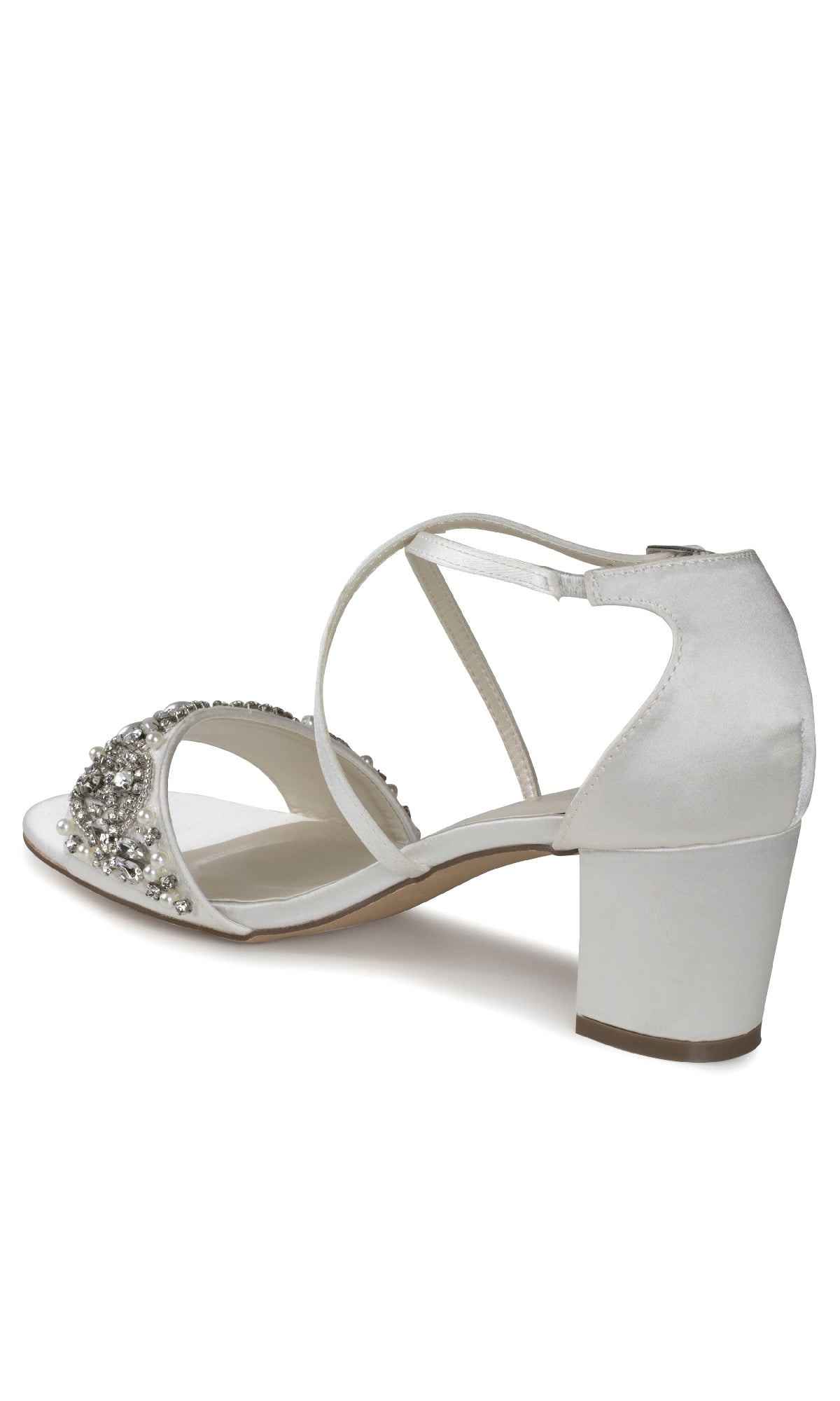The Evangeline Ivory Satin Prom Shoes by Paradox London (P2200) feature a low block heel, open toe, crisscross straps, and rhinestone front detail—ideal chic formal shoes for prom or any special occasion.
